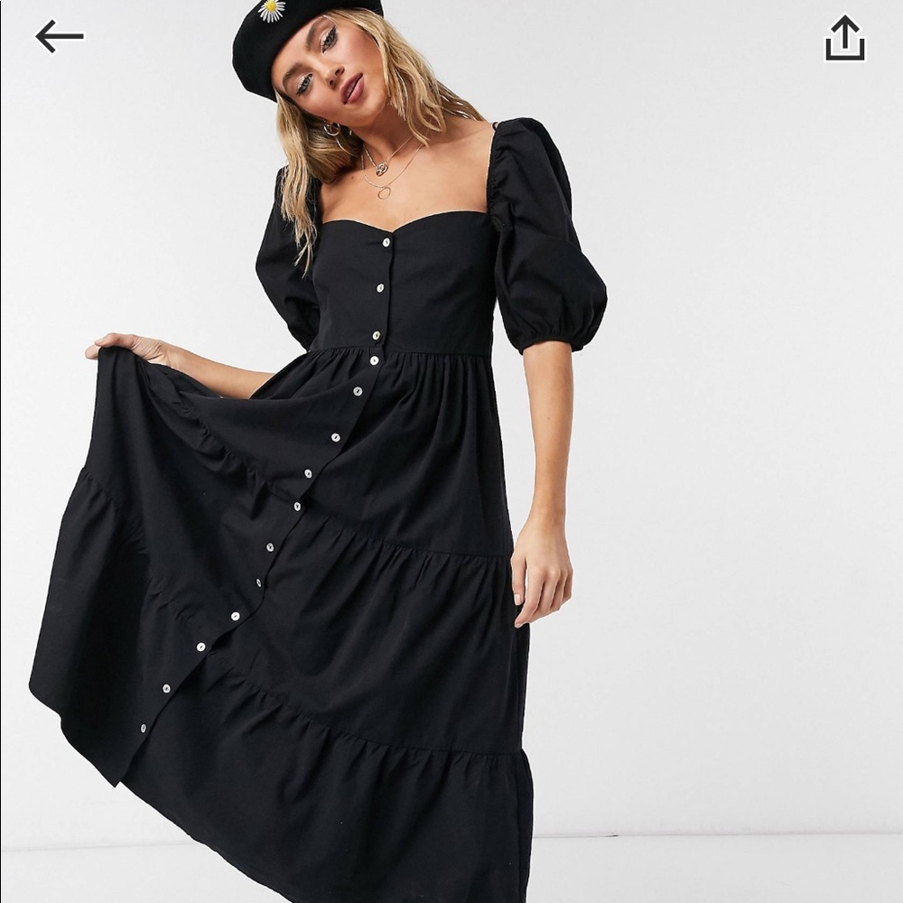 BERSHKA BUTTON DOWNTIERED POPLIN SMOCK DRESS IN BLACK